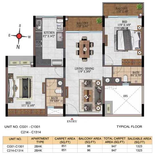 Casagrand Estancia 2 BHK floor plan, about 1,323 sq ft