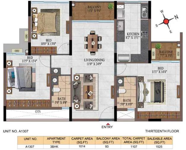 Casagrand Estancia 3 BHK floor plan, about 1,525 sq ft
