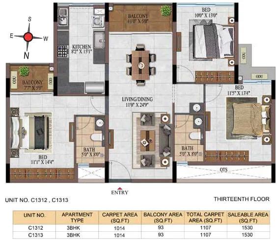 Casagrand Estancia 3 BHK floor plan, about 1,530 sq ft