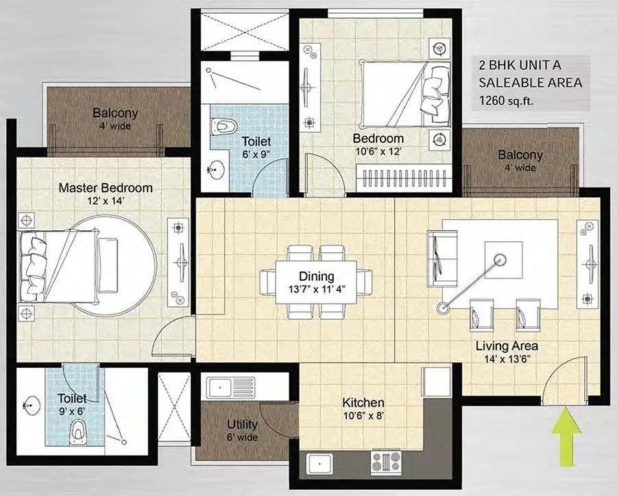 DNR Arista apartments 2 BHK 1260 sq ft floor plan