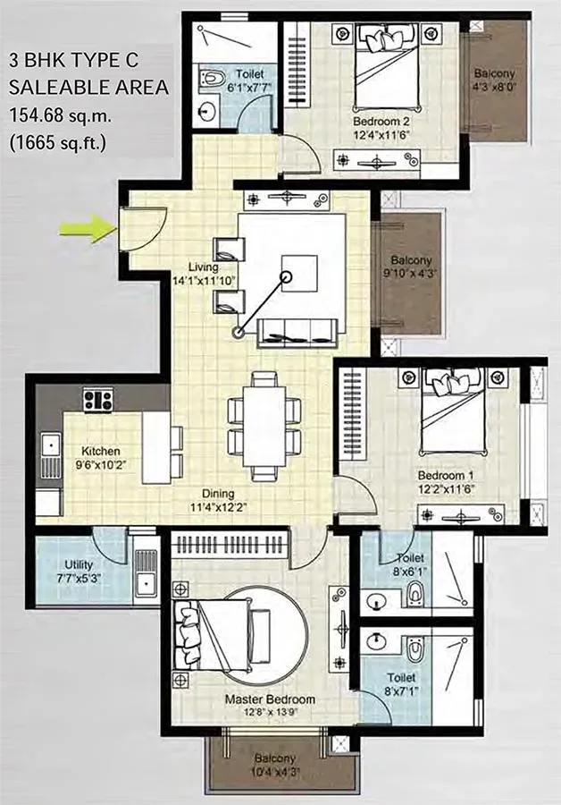 DNR Arista apartments 3 BHK 1665 sq ft floor plan
