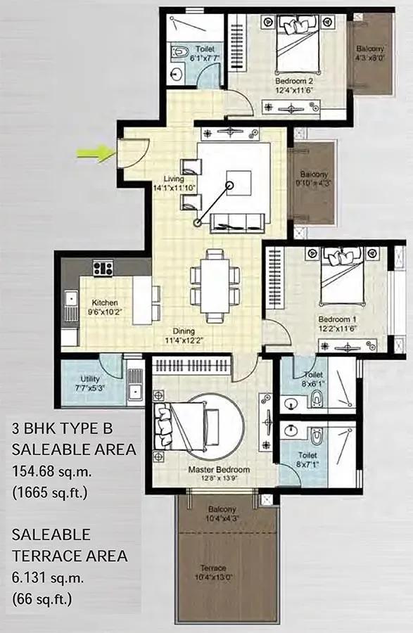 DNR Arista apartments 3 BHK 1665 sq ft (B) floor plan