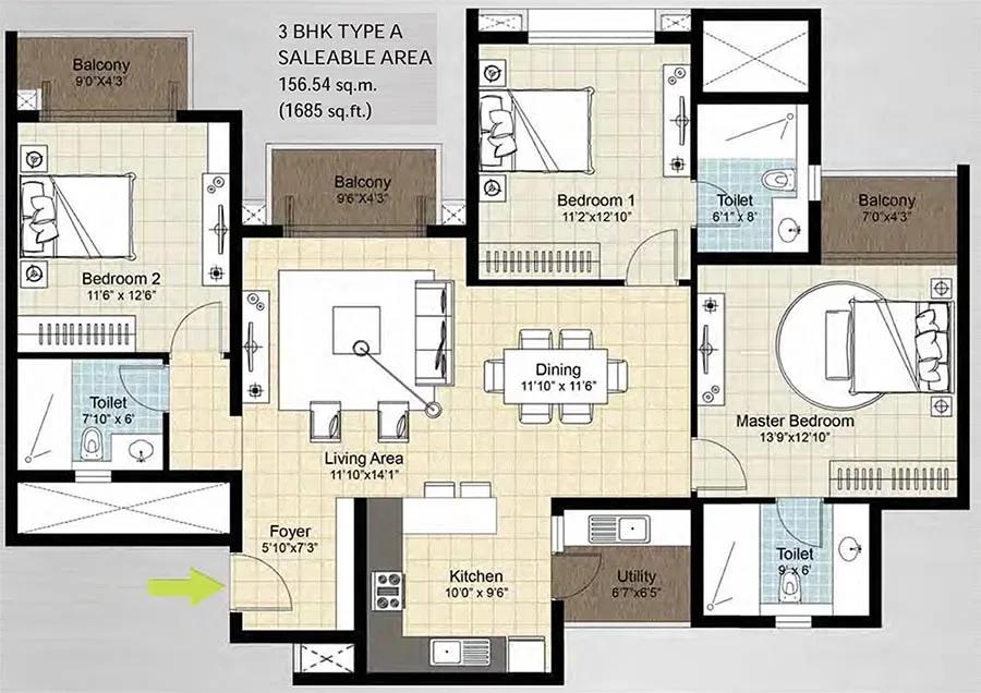 DNR Arista apartments 3 BHK 1685 sq ft floor plan