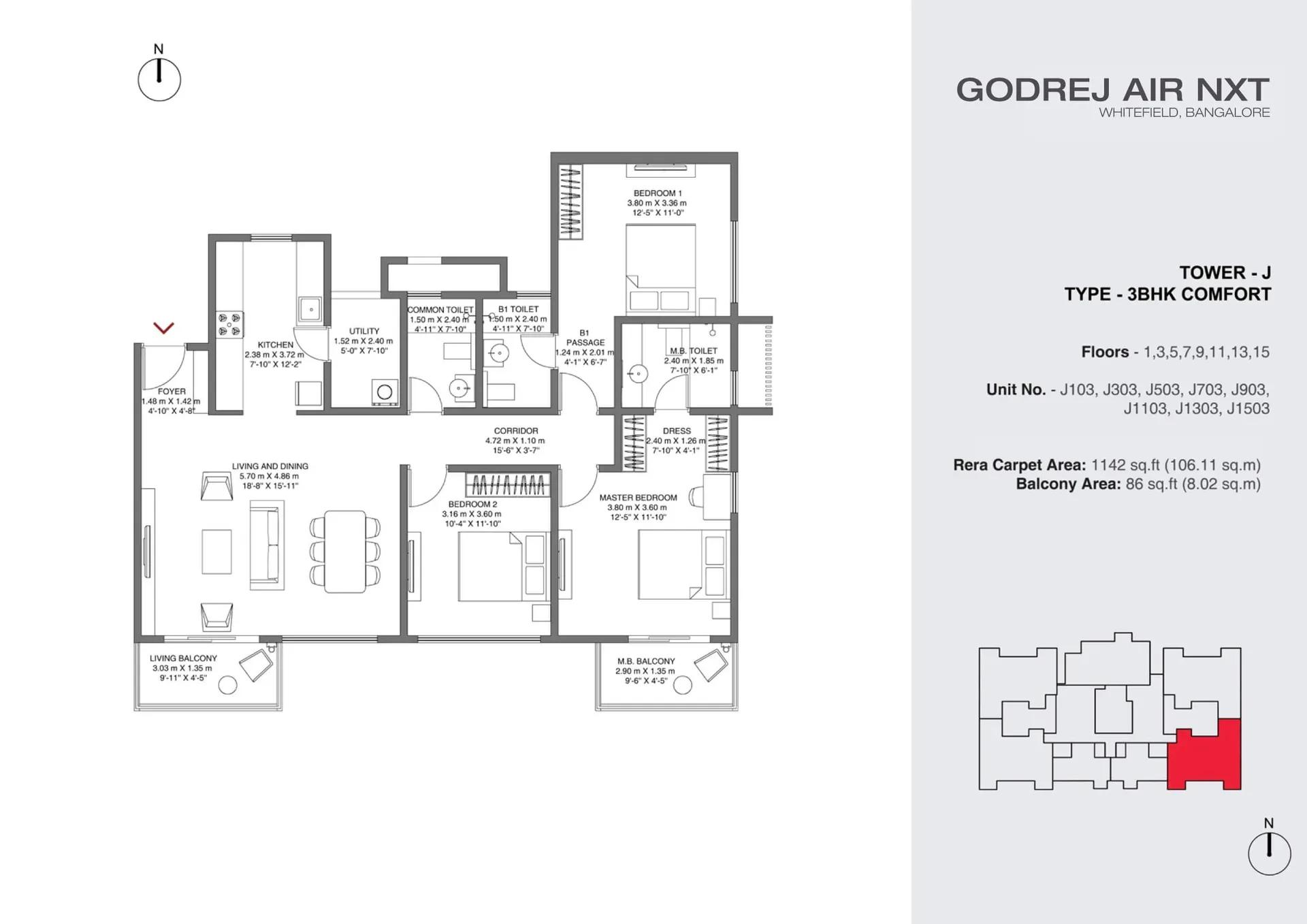 Godrej Air NXT apartments 3 BHK Type 1 floor plan