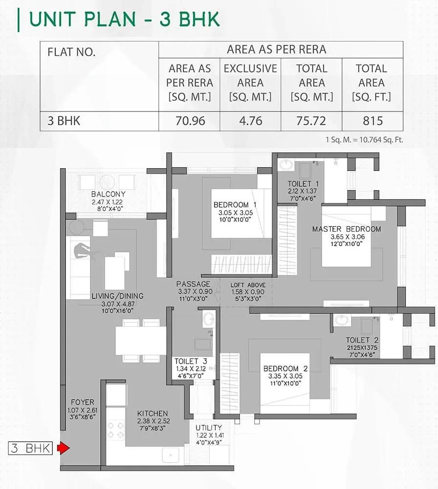 Godrej Green Cove apartments 3 BHK 815 sq ft floor plan