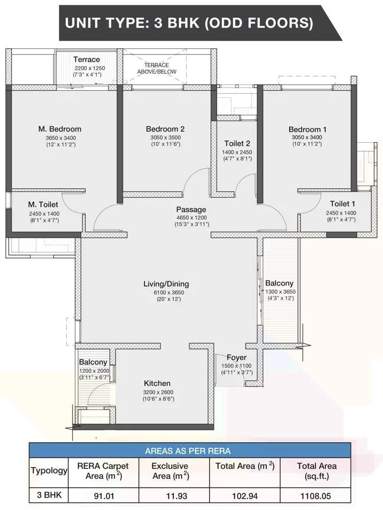 Godrej Nurture Mamurdi 3 BHK floor plan, about 1,108 sq ft