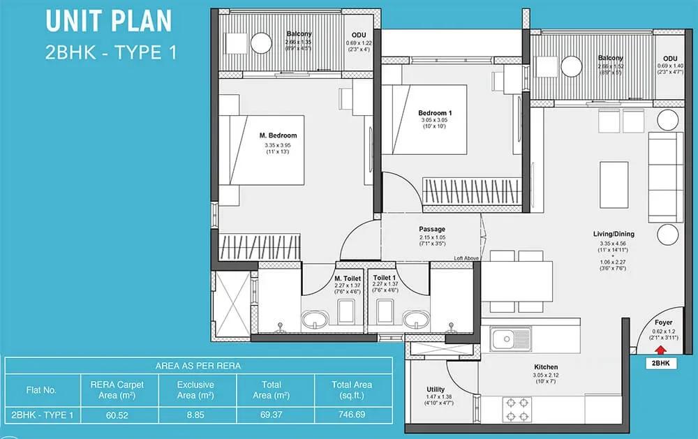Godrej Serene apartments 2 BHK 746 sq ft floor plan
