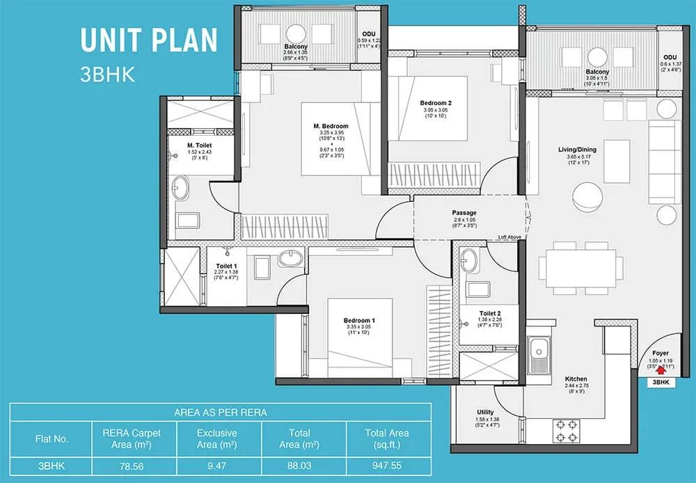 Godrej Serene apartments 3 BHK 947 sq ft floor plan