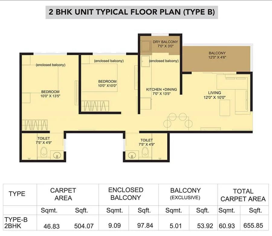 Kohinoor Sapphire 2 2 BHK floor plan, about 655 sq ft
