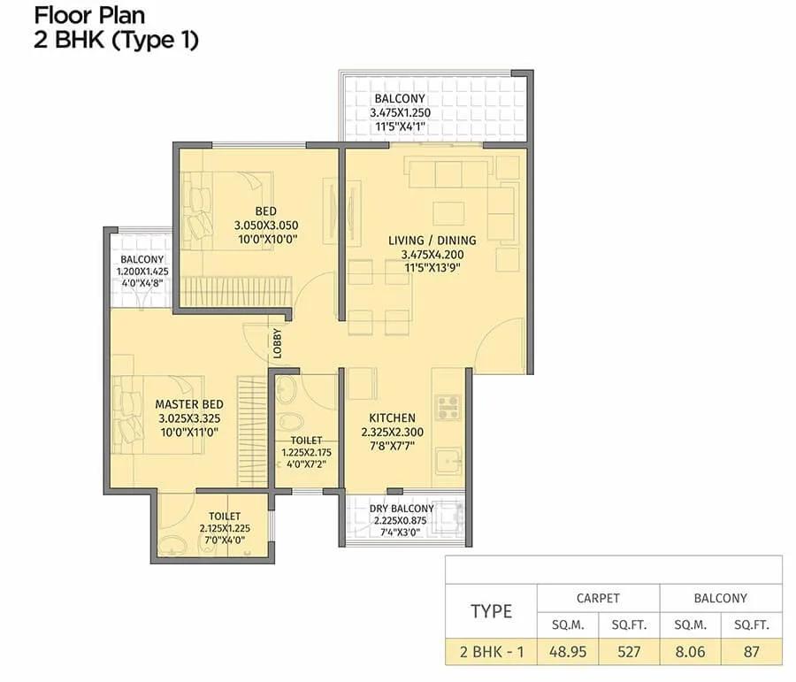 Krisala 41 Evoke 2 BHK floor plan, about 614 sq ft
