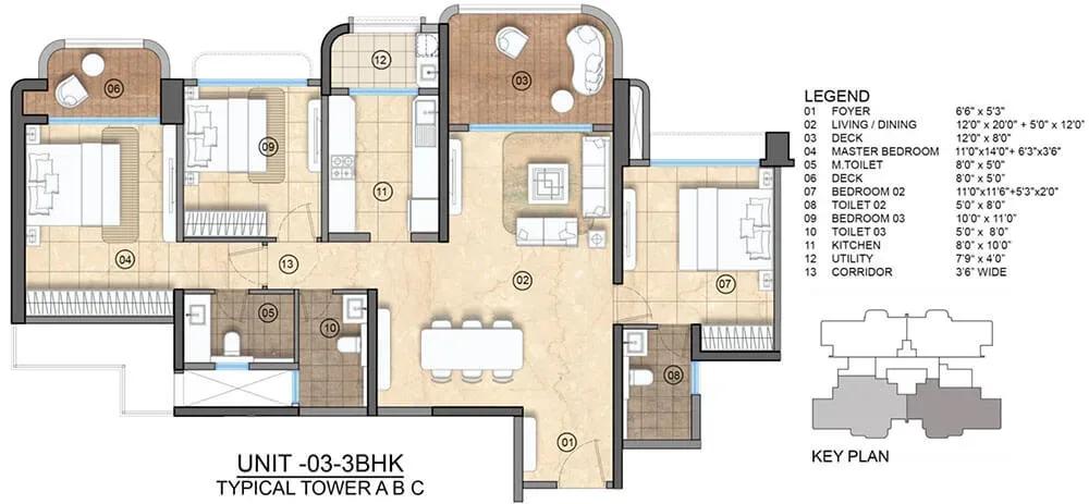 Lodha Elanza Apartments apartments 3 BHK floor plan