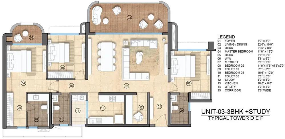 Lodha Elanza Apartments apartments 3 BHK with study floor plan