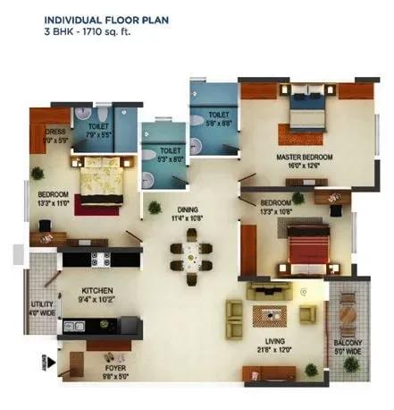 Mantri Serenity apartments 3 BHK 1710 sq ft floor plan