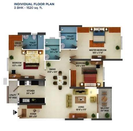 Mantri Serenity apartments 3 BHK 1520 sq ft floor plan