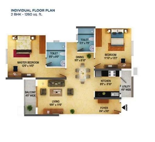 Mantri Serenity apartments 2 BHK 1260 sq ft floor plan
