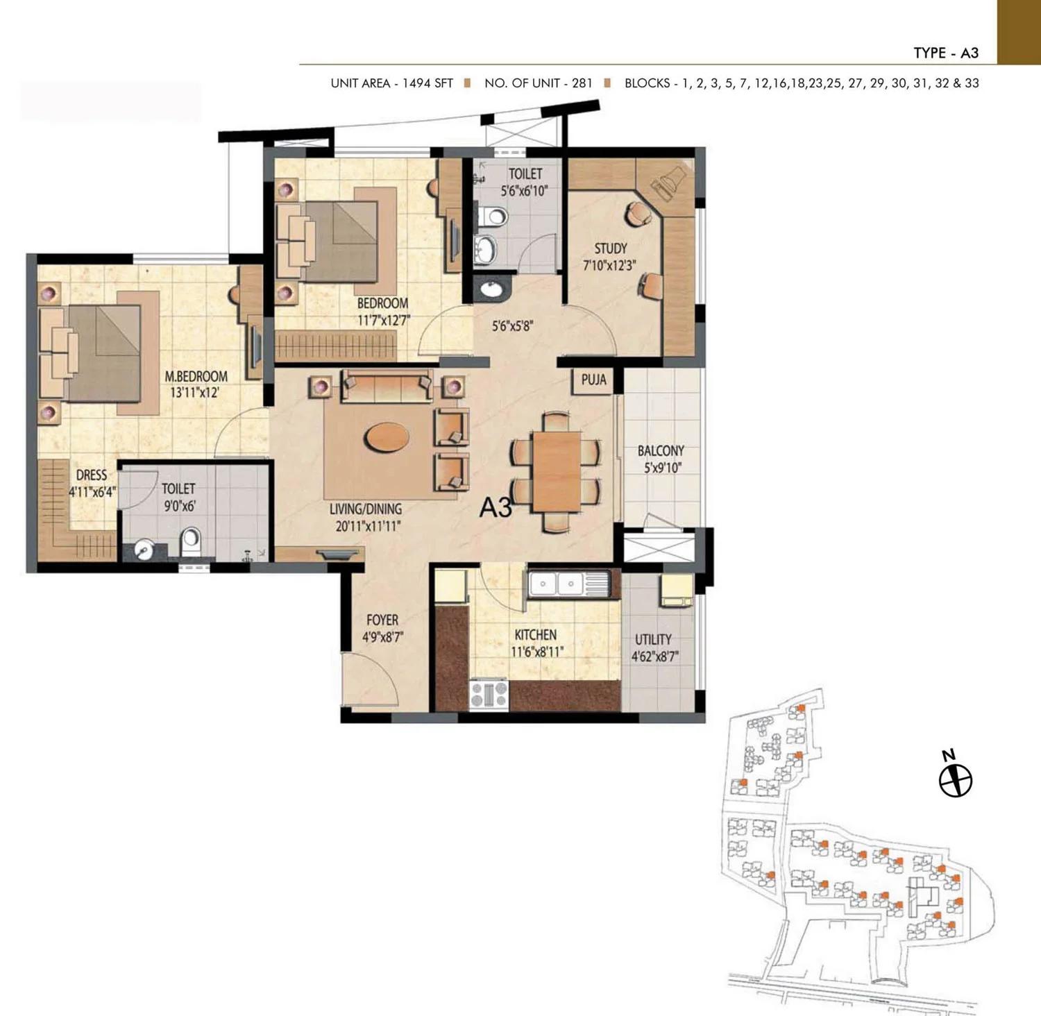 Prestige Bella Vista 2.5 BHK floor plan (Type A3)