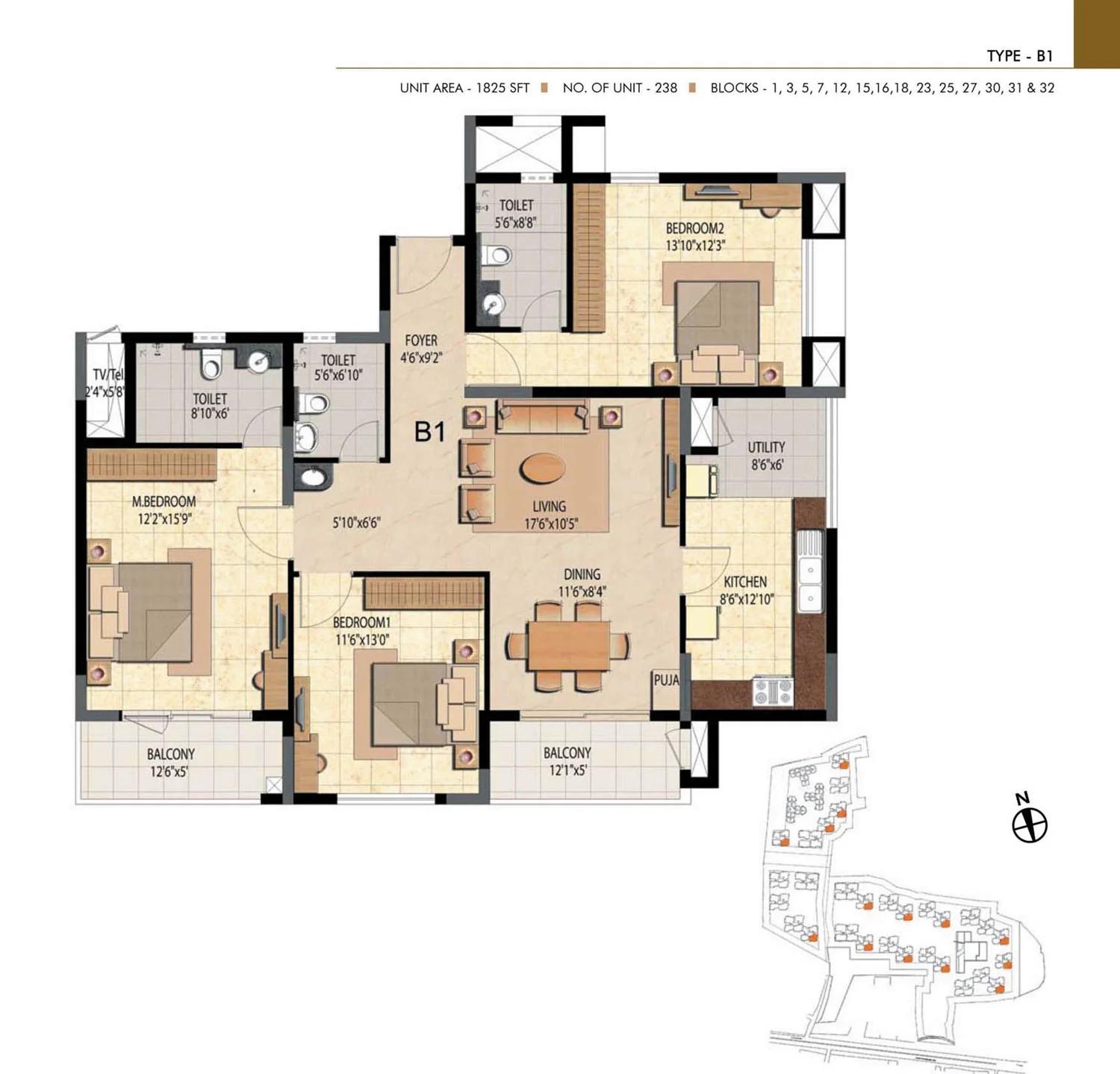 Prestige Bella Vista 3 BHK floor plan (Type B1)