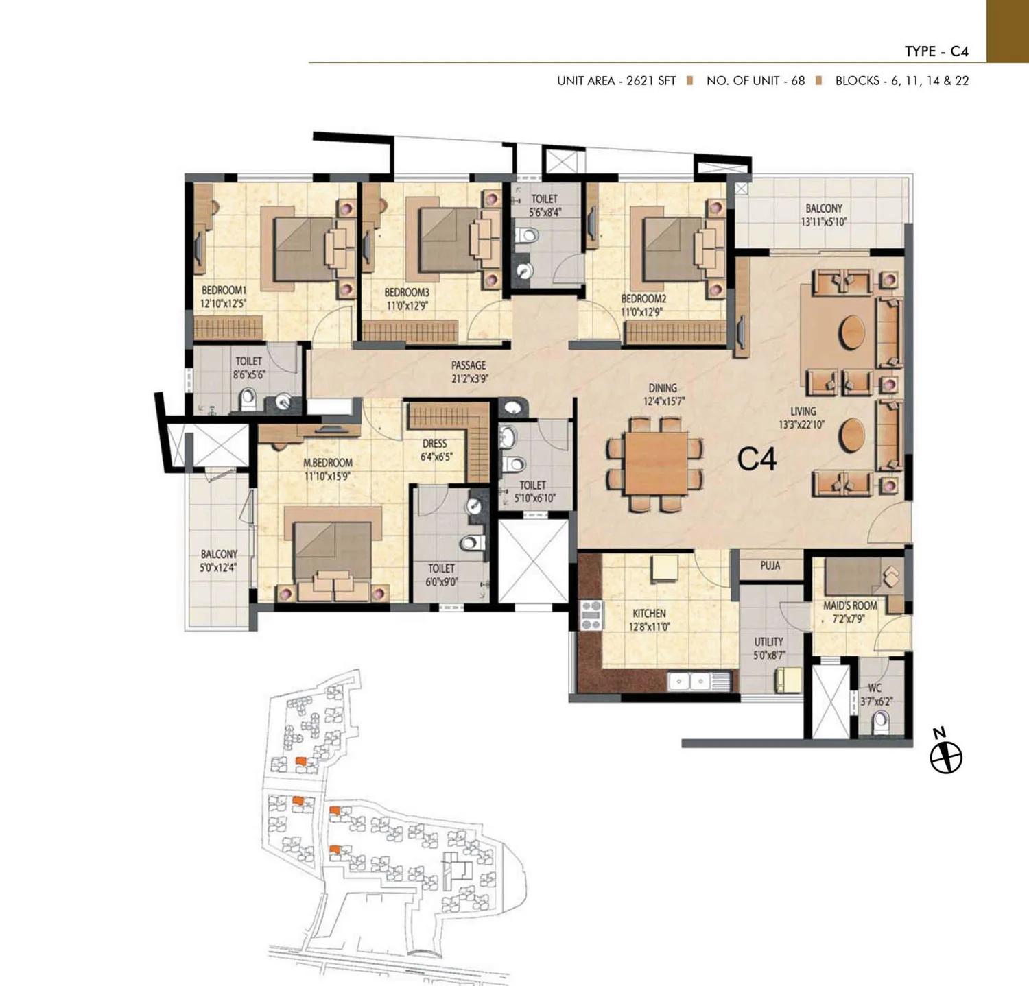 Prestige Bella Vista 4 BHK floor plan (Type C4)
