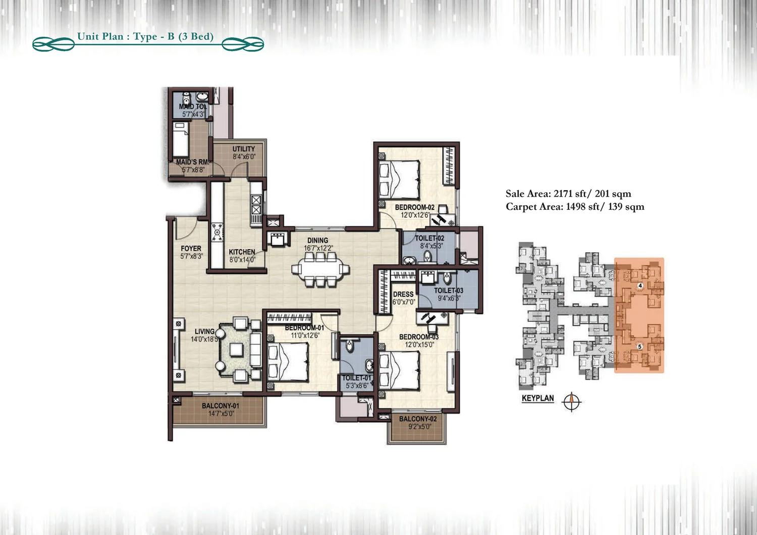 Prestige Cityscape 3 BHK + maid floor plan (Type B)