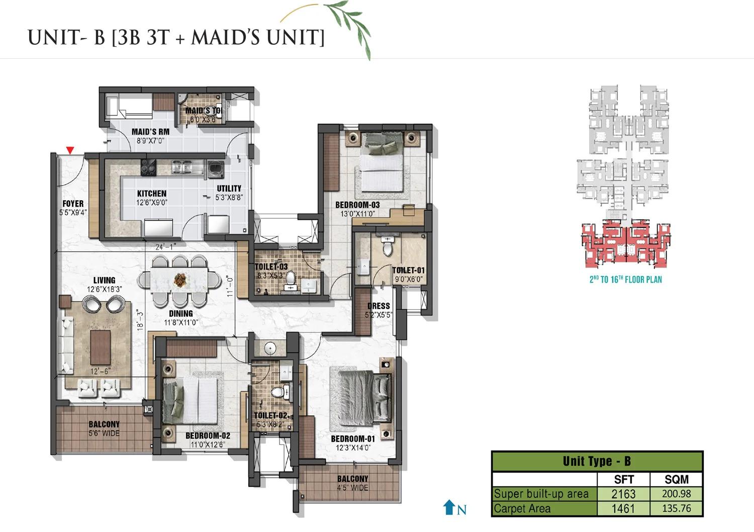 Prestige Eden Garden 3 BHK + maid floor plan (Type B)