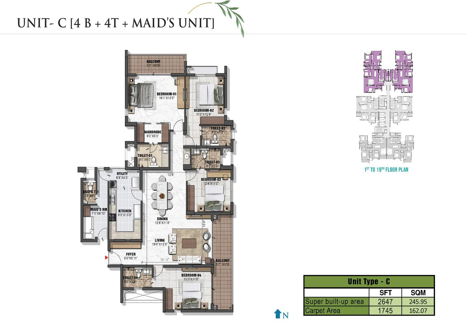 Prestige Eden Garden 4 BHK + maid floor plan (Type C)