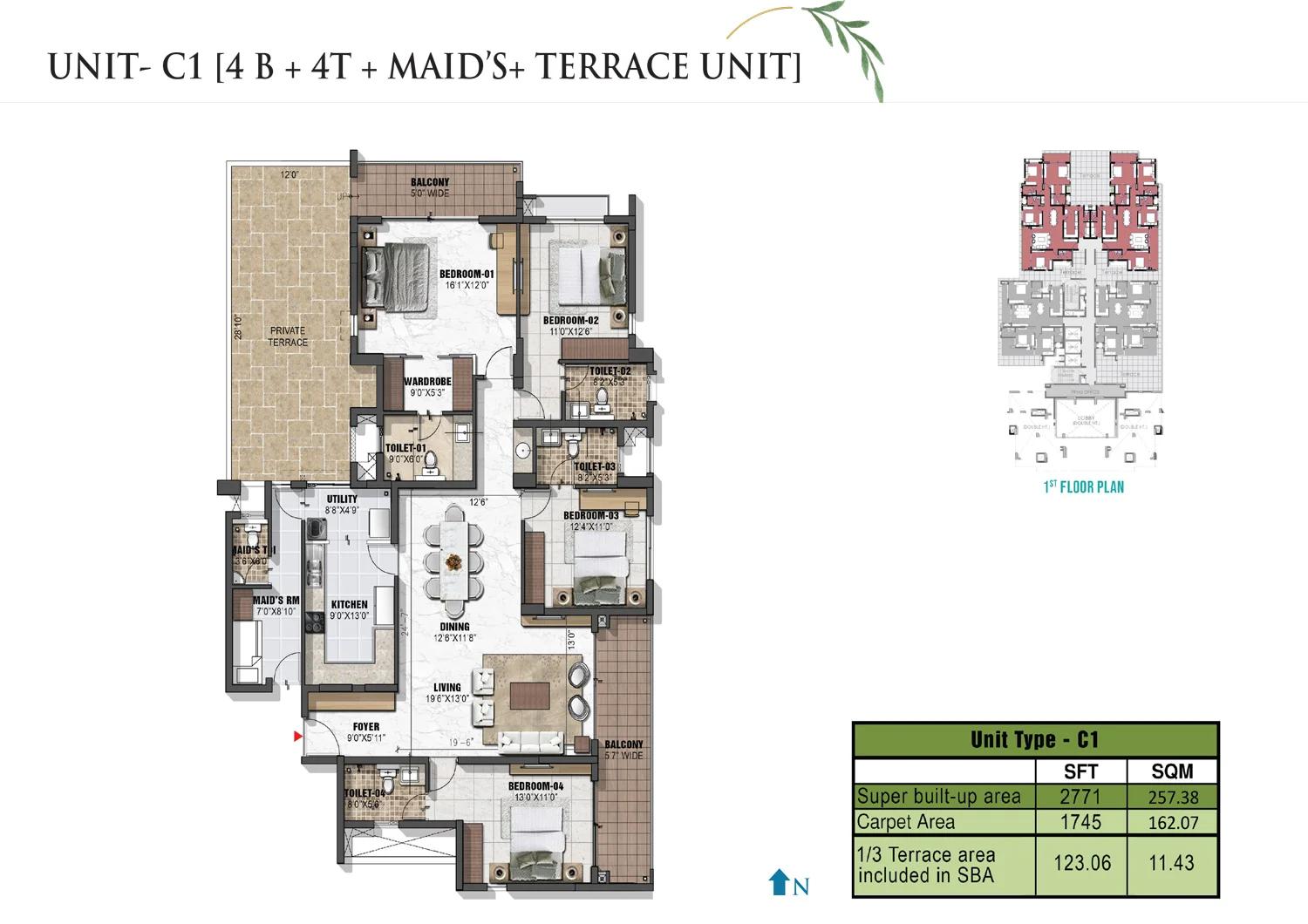 Prestige Eden Garden 4 BHK + maid + terrace floor plan (Type C1)