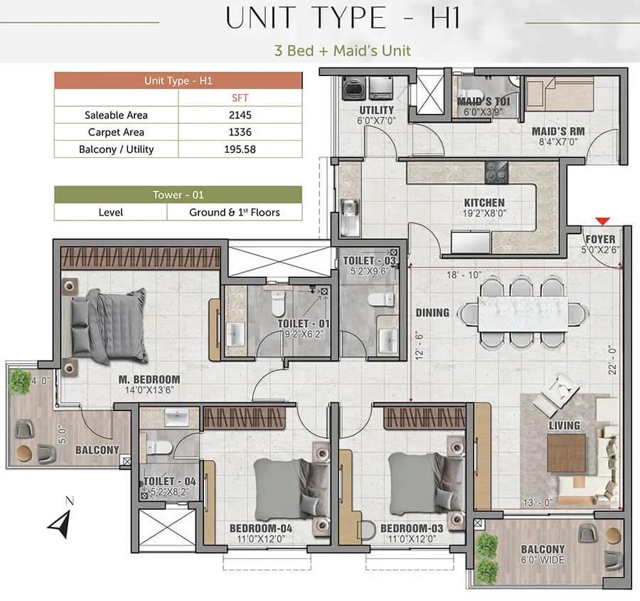 Prestige Elm Park 3 BHK 2145 sq ft floor plan