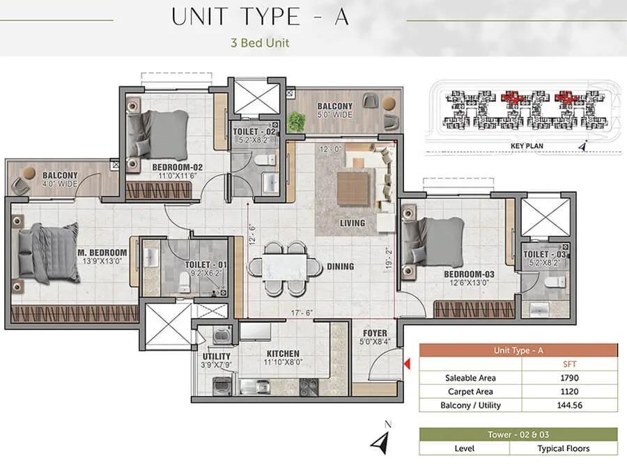 Prestige Elm Park 3 BHK 1790 sq ft floor plan
