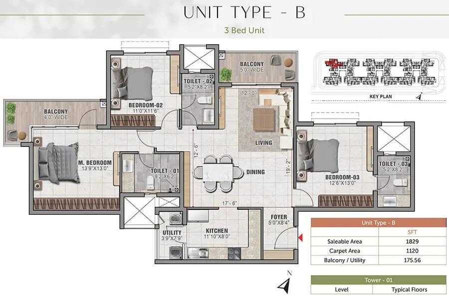 Prestige Elm Park 3 BHK 1829 sq ft floor plan