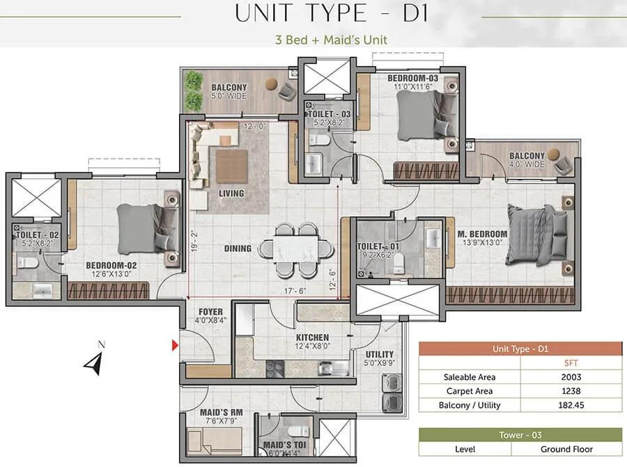 Prestige Elm Park 3 BHK 2003 sq ft floor plan