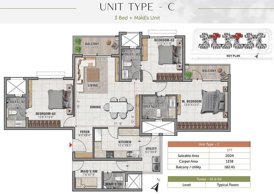 Prestige Elm Park 3 BHK 2004 sq ft floor plan