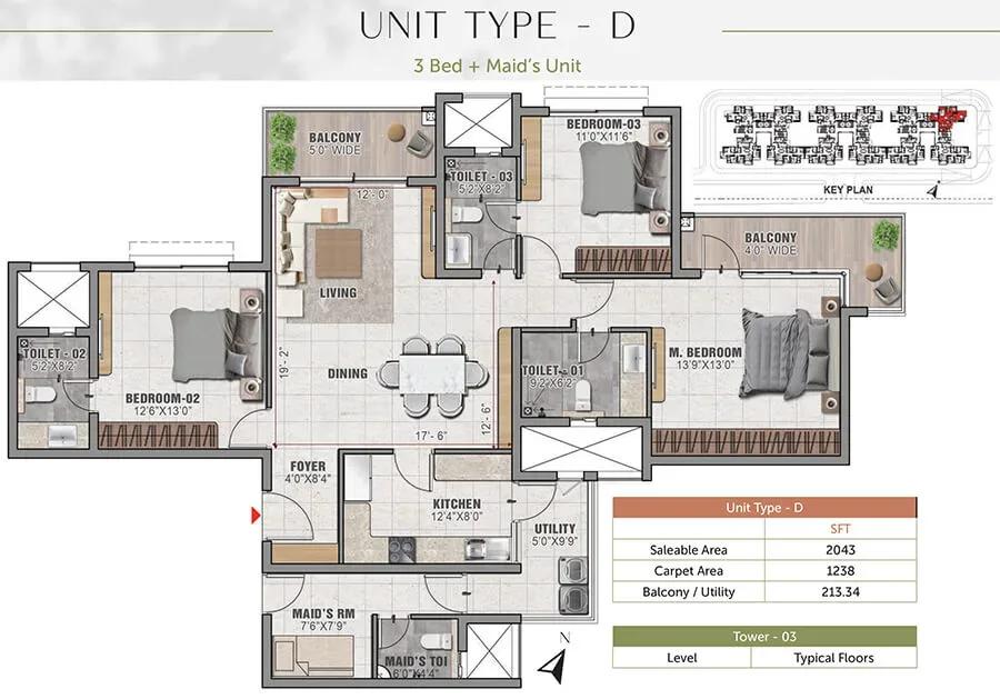 Prestige Elm Park 3 BHK 2043 sq ft floor plan
