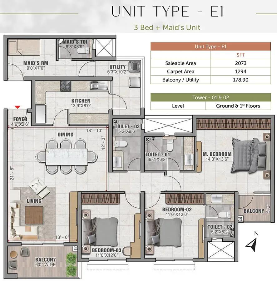 Prestige Elm Park 3 BHK 2073 sq ft floor plan