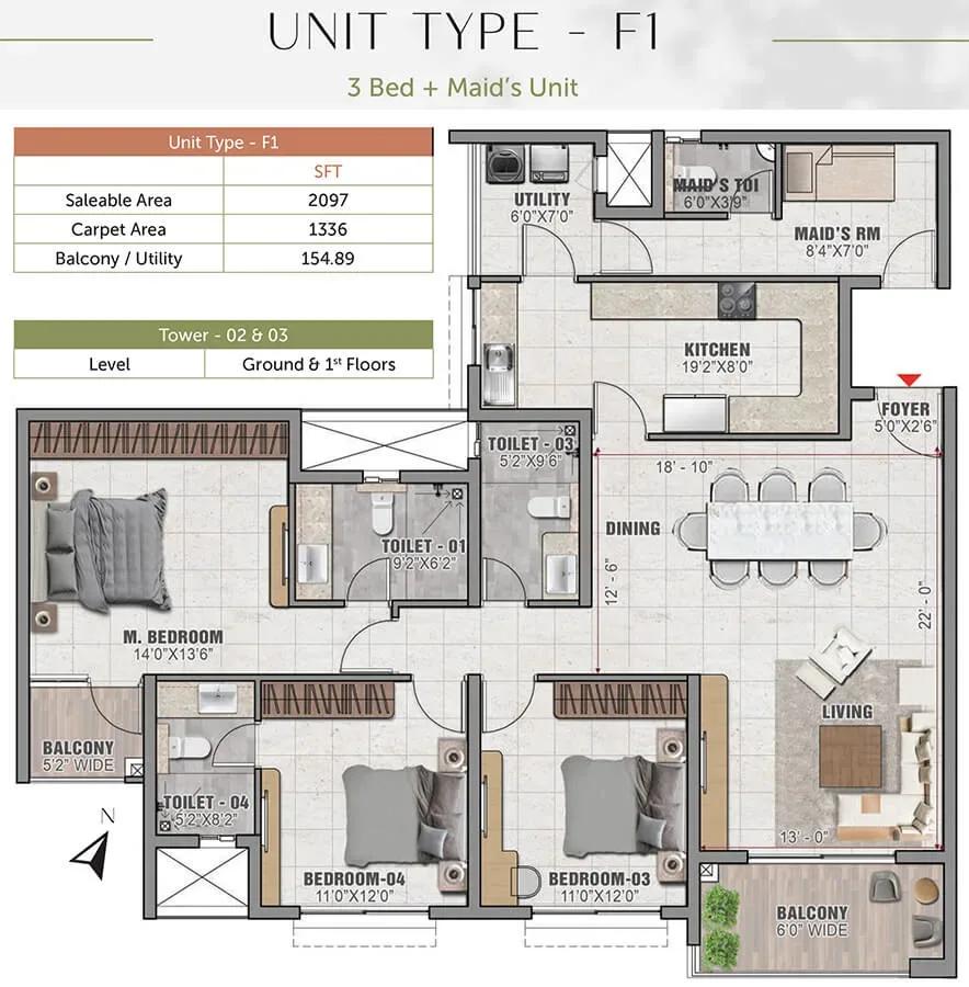 Prestige Elm Park 3 BHK 2097 sq ft floor plan