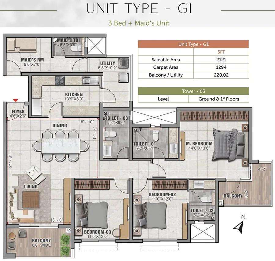 Prestige Elm Park 3 BHK 2121 sq ft floor plan