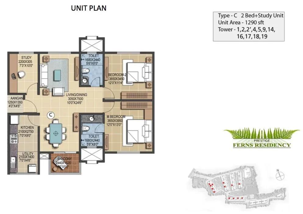 Prestige Ferns Residency 2.5 BHK 1290 sq ft floor plan