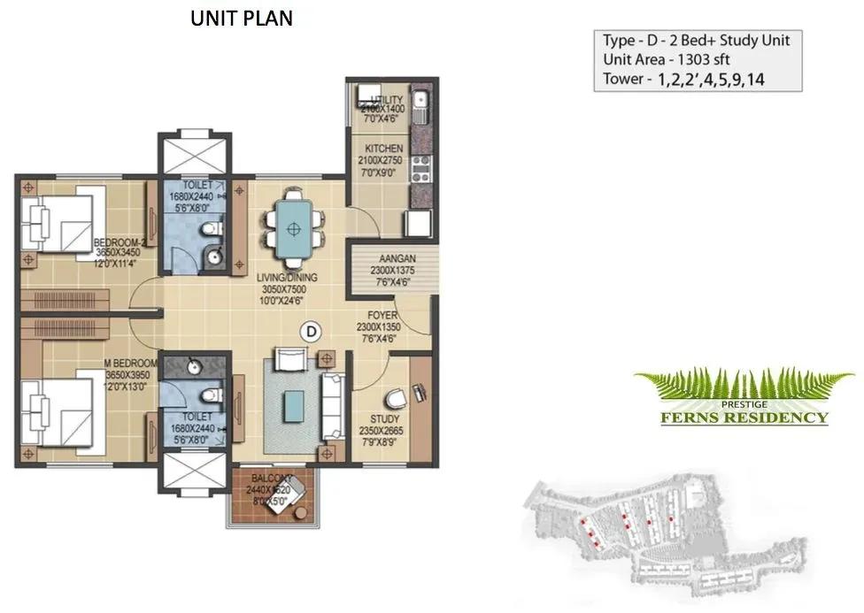 Prestige Ferns Residency 2.5 BHK 1303 sq ft floor plan