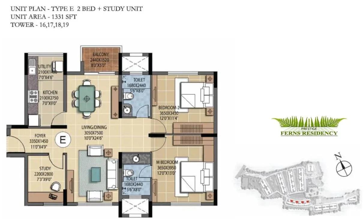 Prestige Ferns Residency 2.5 BHK 1331 sq ft floor plan