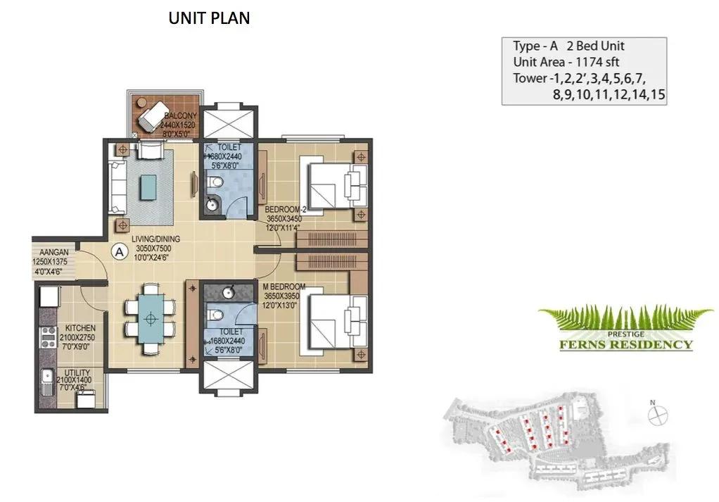 Prestige Ferns Residency 2 BHK 1174 sq ft floor plan