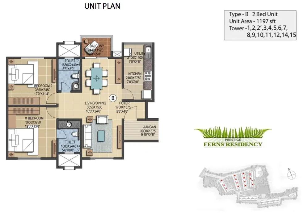 Prestige Ferns Residency 2 BHK 1197 sq ft floor plan