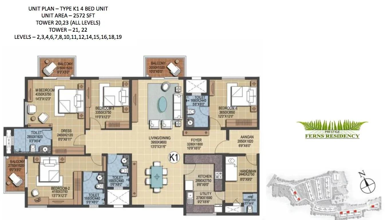 Prestige Ferns Residency 4 BHK 2572 sq ft floor plan