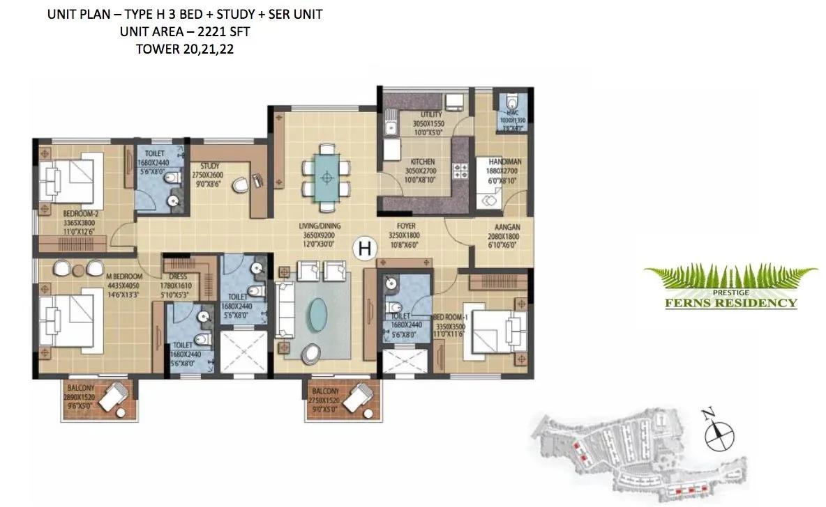 Prestige Ferns Residency 3.5 BHK 2221 sq ft floor plan