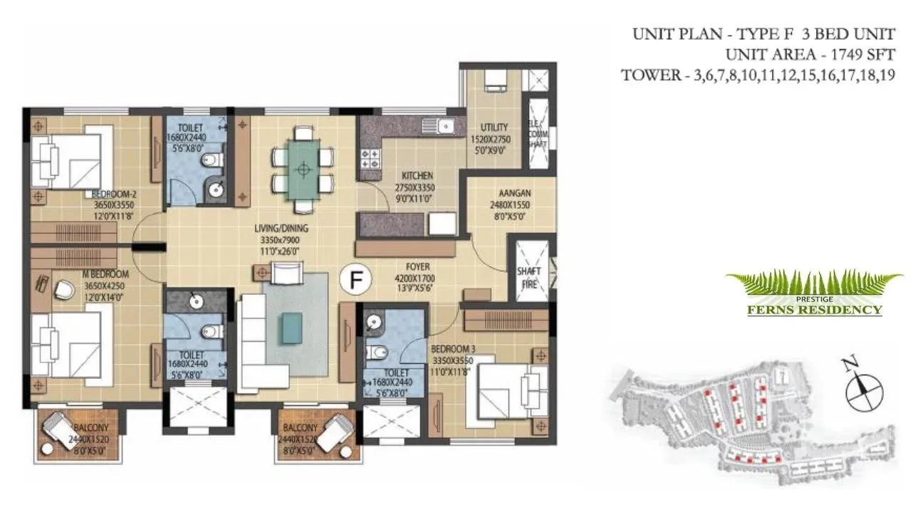 Prestige Ferns Residency 3 BHK 1749 sq ft floor plan