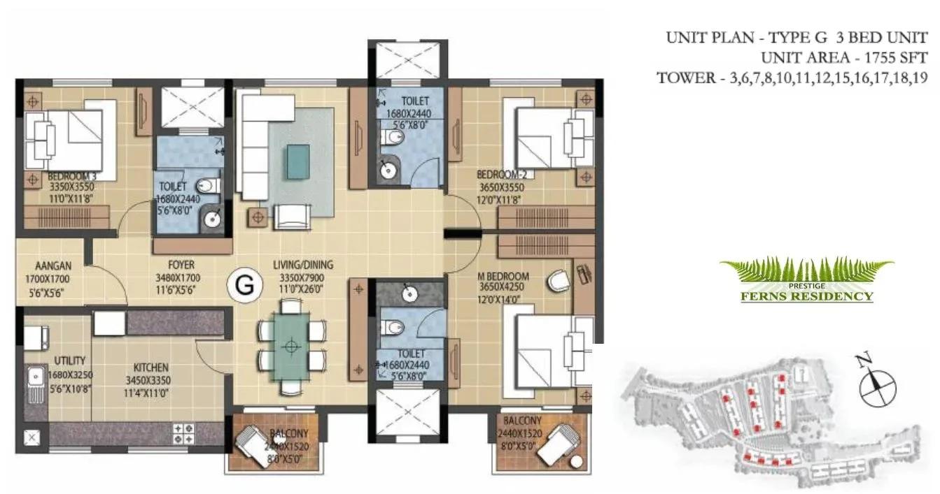 Prestige Ferns Residency 3 BHK 1755 sq ft floor plan