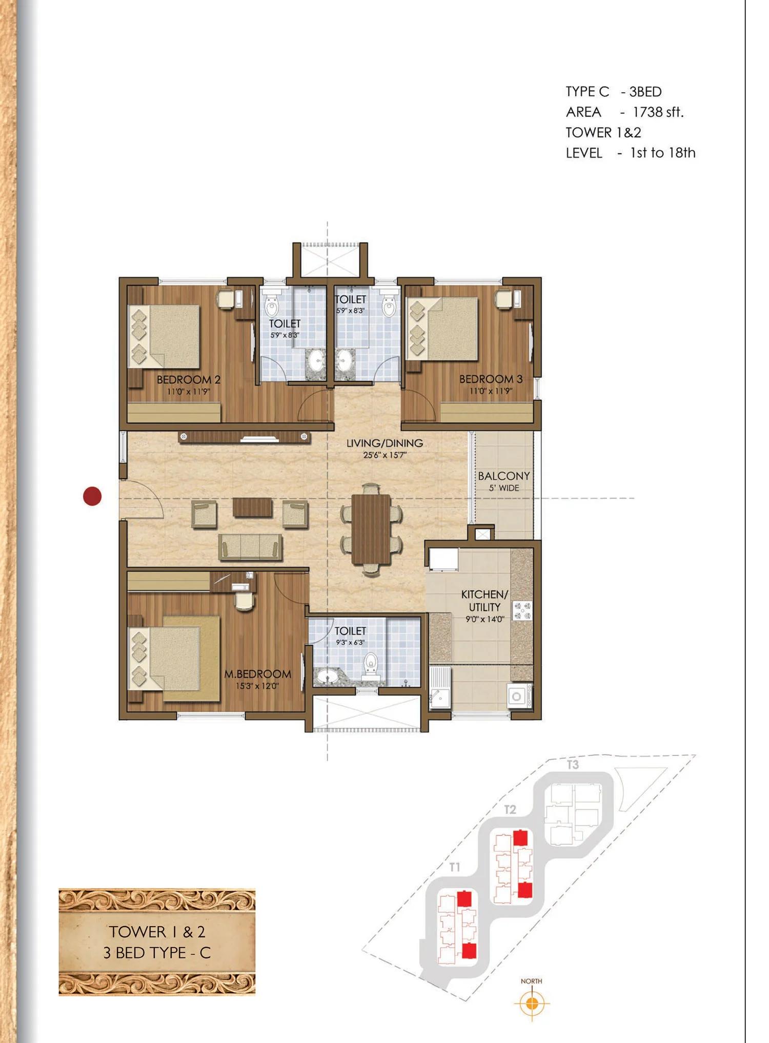 Prestige Ivy League 3 BHK floor plan (Type C)