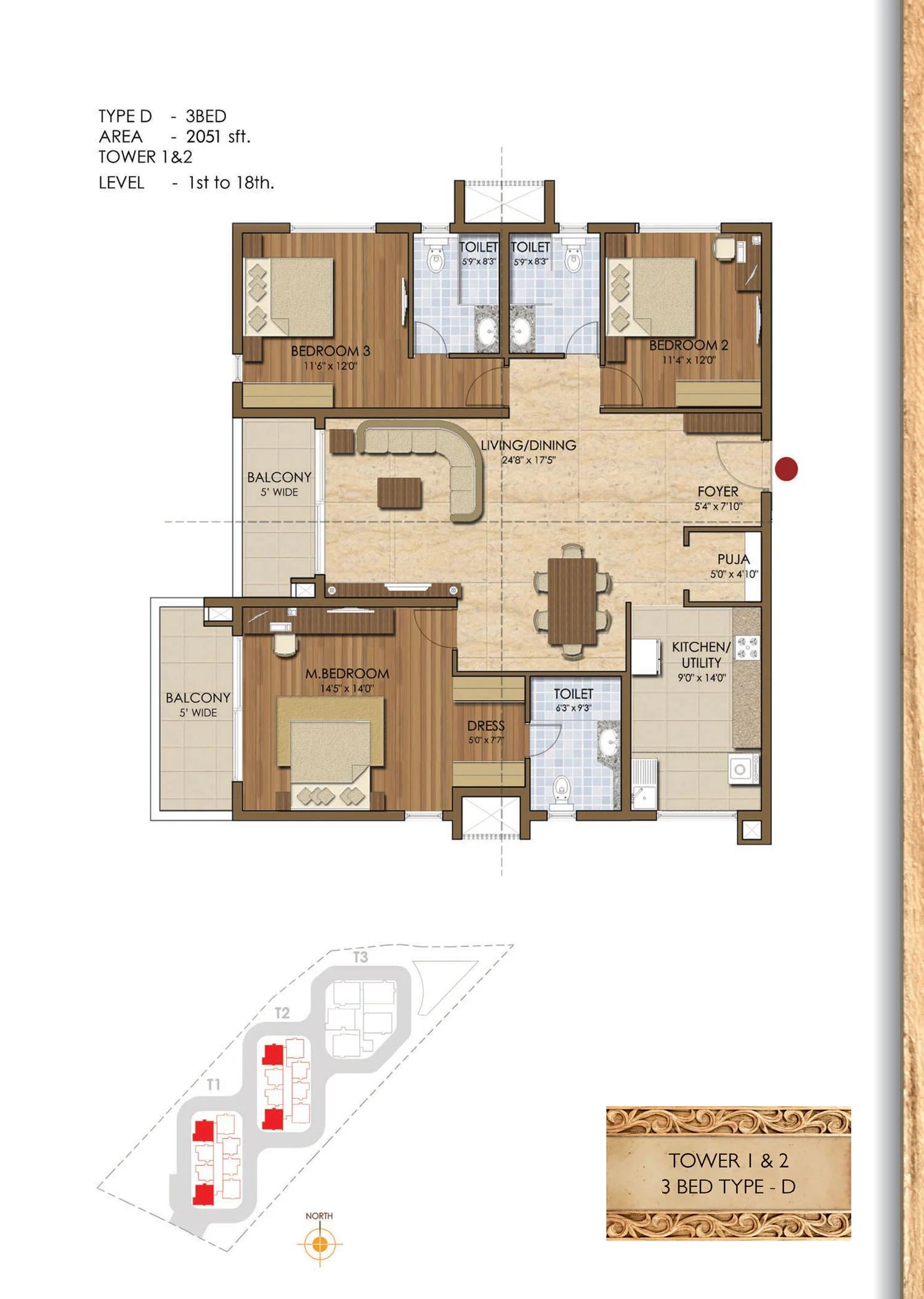 Prestige Ivy League 3 BHK floor plan (Type D)
