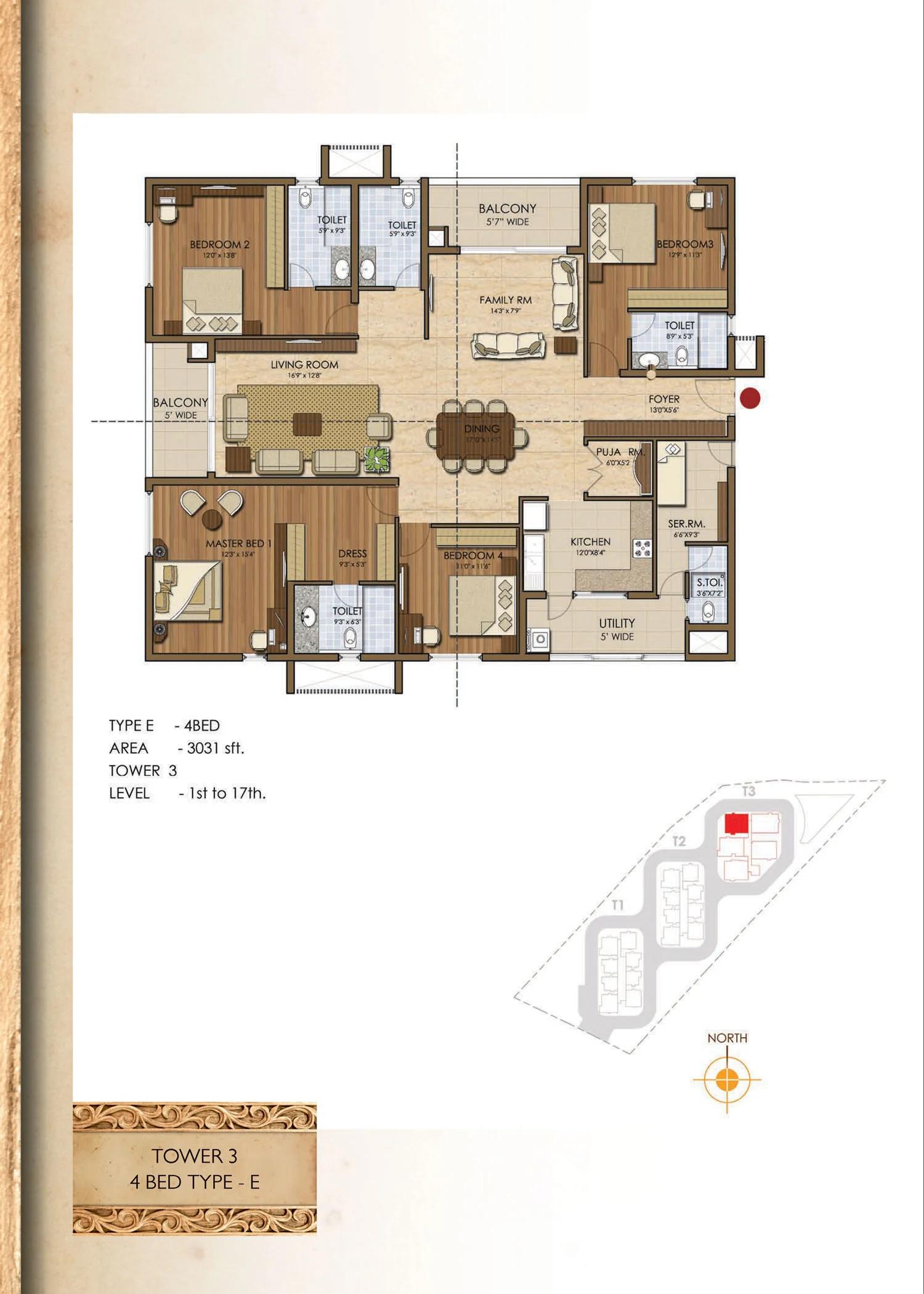 Prestige Ivy League 4 BHK floor plan (Type E)