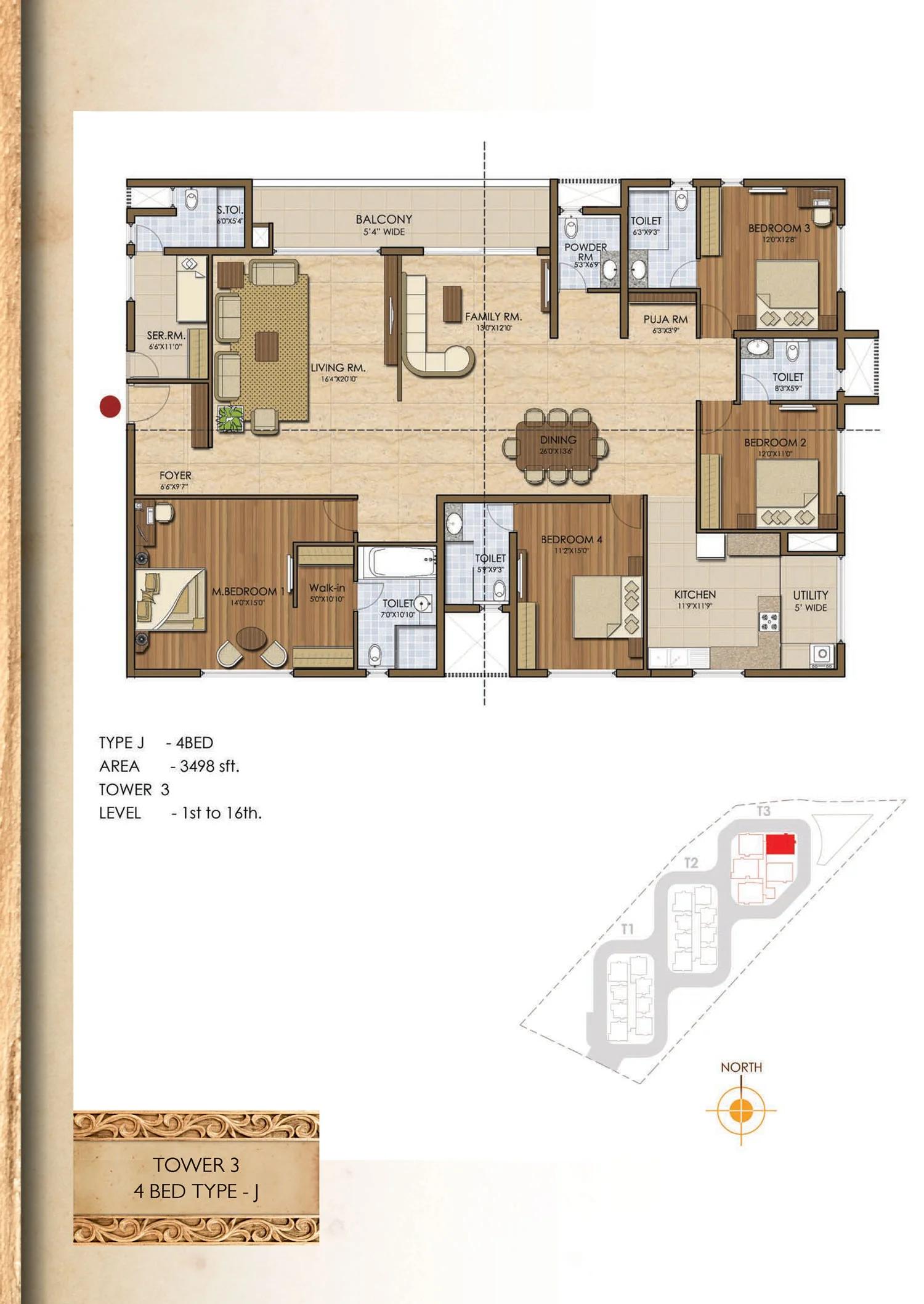 Prestige Ivy League 4 BHK floor plan (Type J)