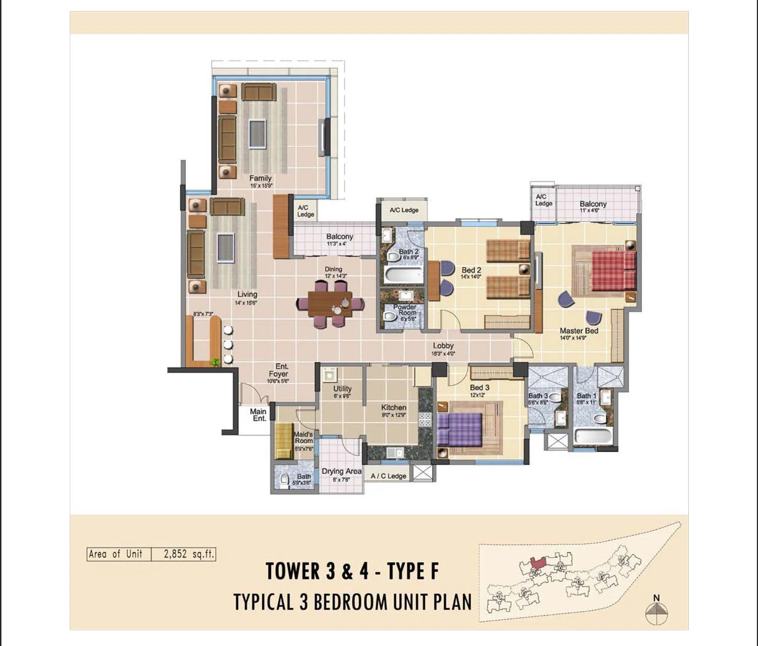 Prestige Neptune Courtyard 3 BHK unit plan (Type F)