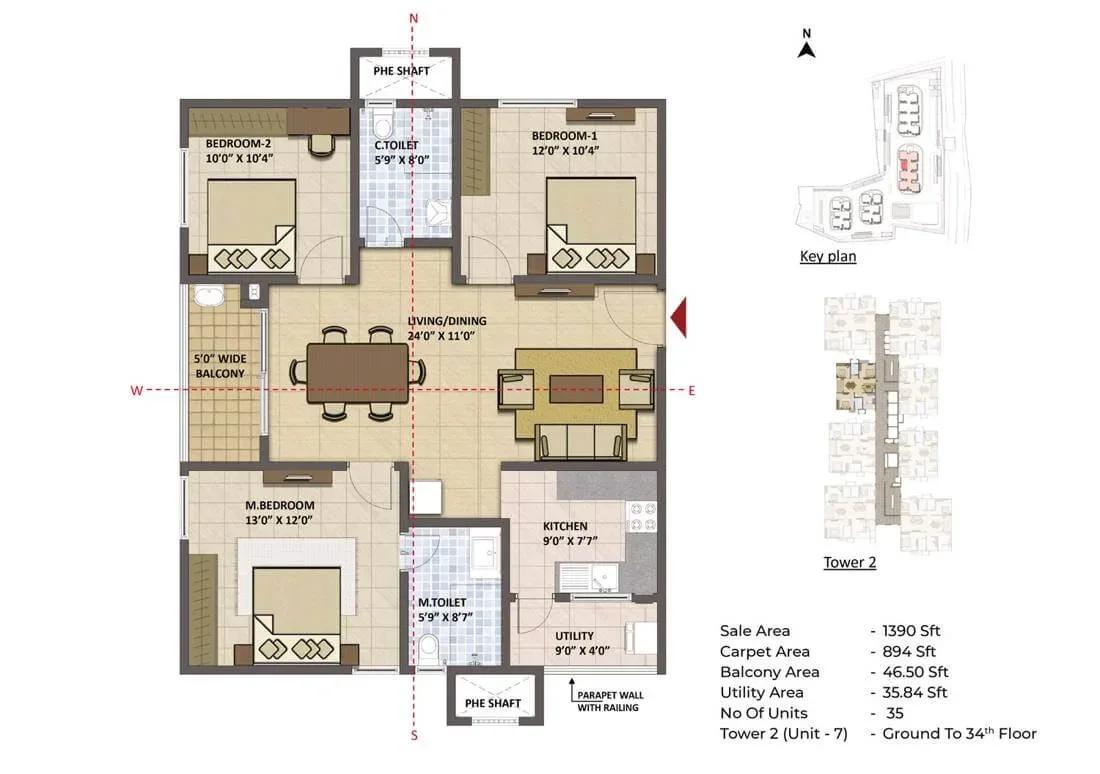 Prestige Tranquil 3 BHK 1390 sq ft floor plan